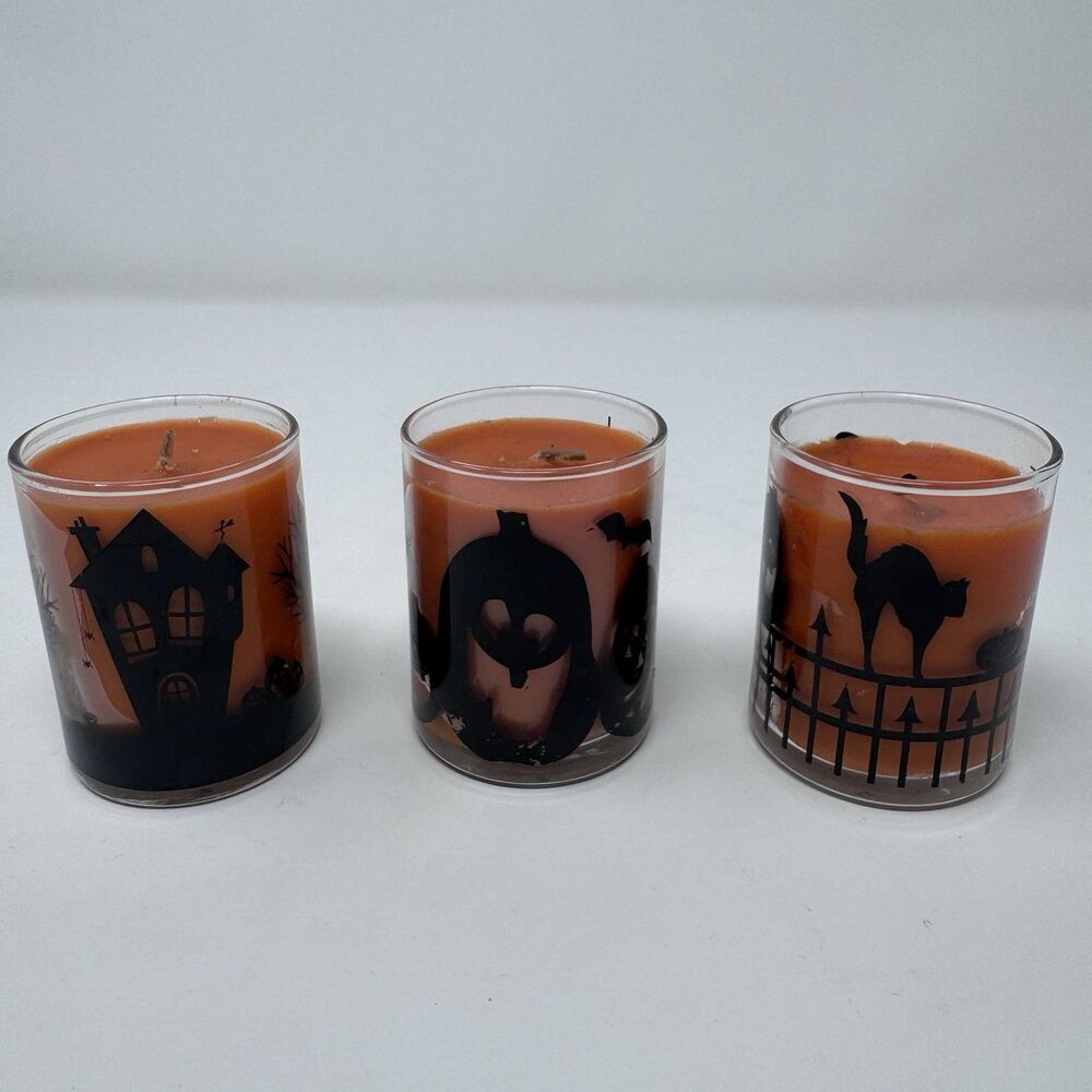 White Barn Spooky Halloween Votive Candle Lot x3 Creamy Caramel Pumpkin Cat